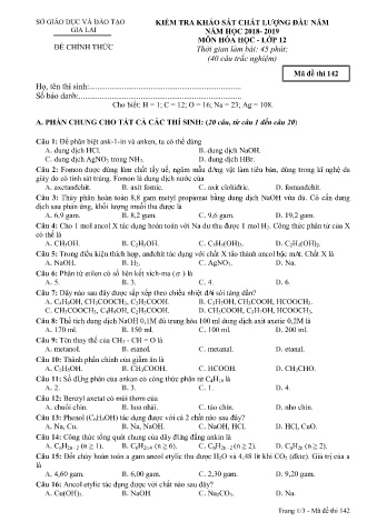Đề kiểm tra khảo sát chất lượng đầu năm môn Hóa học 12 - Đề 142 - Năm học 2018-2019 - SGD&ĐT Gia Lai