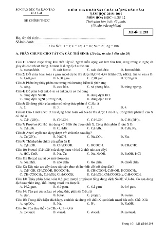 Đề kiểm tra khảo sát chất lượng đầu năm môn Hóa học 12 - Đề 209 - Năm học 2018-2019 - SGD&ĐT Gia Lai