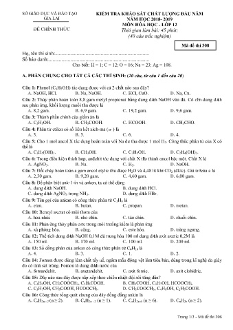 Đề kiểm tra khảo sát chất lượng đầu năm môn Hóa học 12 - Đề 308 - Năm học 2018-2019 - SGD&ĐT Gia Lai