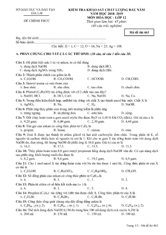 Đề kiểm tra khảo sát chất lượng đầu năm môn Hóa học 12 - Đề 463 - Năm học 2018-2019 - SGD&ĐT Gia Lai