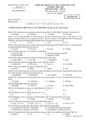 Đề kiểm tra khảo sát chất lượng đầu năm môn Hóa học 12 - Đề 510 - Năm học 2018-2019 - SGD&ĐT Gia Lai