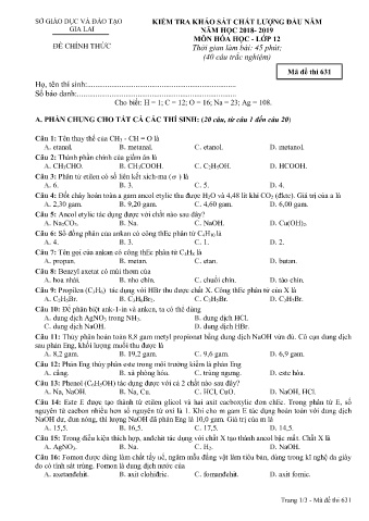 Đề kiểm tra khảo sát chất lượng đầu năm môn Hóa học 12 - Đề 613 - Năm học 2018-2019 - SGD&ĐT Gia Lai