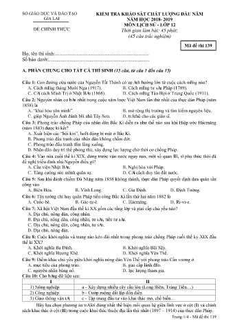 Đề kiểm tra khảo sát chất lượng đầu năm môn Lịch sử 12 - Đề 139 - Năm học 2018-2019 - SGD&ĐT Gia Lai