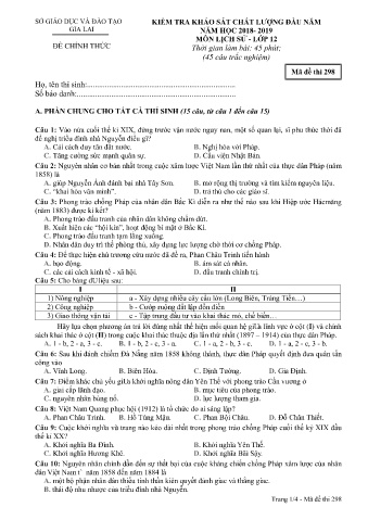 Đề kiểm tra khảo sát chất lượng đầu năm môn Lịch sử 12 - Đề 298 - Năm học 2018-2019 - SGD&ĐT Gia Lai