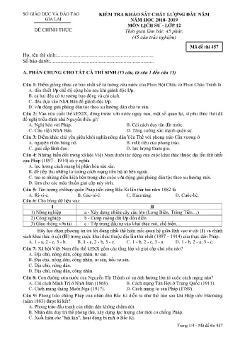 Đề kiểm tra khảo sát chất lượng đầu năm môn Lịch sử 12 - Đề 457 - Năm học 2018-2019 - SGD&ĐT Gia Lai
