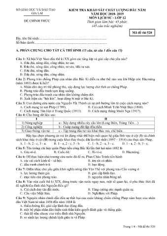 Đề kiểm tra khảo sát chất lượng đầu năm môn Lịch sử 12 - Đề 520 - Năm học 2018-2019 - SGD&ĐT Gia Lai