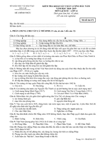 Đề kiểm tra khảo sát chất lượng đầu năm môn Lịch sử 12 - Đề 672 - Năm học 2018-2019 - SGD&ĐT Gia Lai