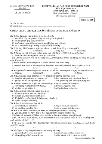 Đề kiểm tra khảo sát chất lượng đầu năm môn Sinh học 12 - Đề 143 - Năm học 2018-2019 - SGD&ĐT Gia Lai