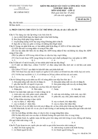 Đề kiểm tra khảo sát chất lượng đầu năm môn Sinh học 12 - Đề 294 - Năm học 2018-2019 - SGD&ĐT Gia Lai