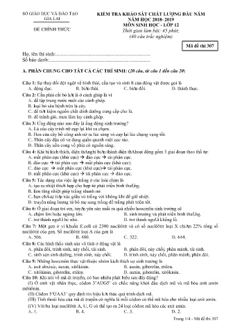 Đề kiểm tra khảo sát chất lượng đầu năm môn Sinh học 12 - Đề 307 - Năm học 2018-2019 - SGD&ĐT Gia Lai