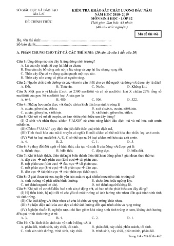 Đề kiểm tra khảo sát chất lượng đầu năm môn Sinh học 12 - Đề 462 - Năm học 2018-2019 - SGD&ĐT Gia Lai