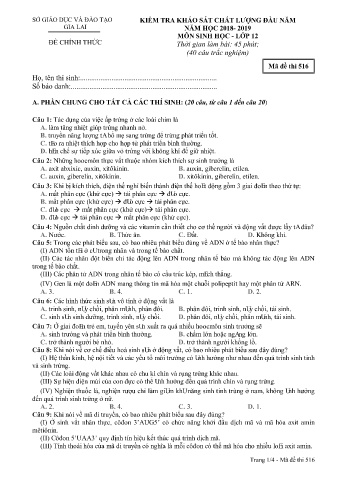 Đề kiểm tra khảo sát chất lượng đầu năm môn Sinh học 12 - Đề 516 - Năm học 2018-2019 - SGD&ĐT Gia Lai