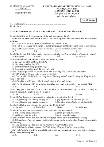 Đề kiểm tra khảo sát chất lượng đầu năm môn Sinh học 12 - Đề 630 - Năm học 2018-2019 - SGD&ĐT Gia Lai