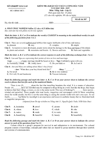 Đề kiểm tra khảo sát chất lượng đầu năm môn Tiếng Anh 12 - Đề 307 - Năm học 2018-2019 - SGD&ĐT Gia Lai