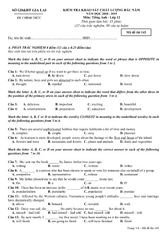 Đề kiểm tra khảo sát chất lượng đầu năm môn Tiếng Anh 12 - Đề 143 - Năm học 2018-2019 - SGD&ĐT Gia Lai