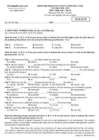 Đề kiểm tra khảo sát chất lượng đầu năm môn Tiếng Anh 12 - Đề 295 - Năm học 2018-2019 - SGD&ĐT Gia Lai