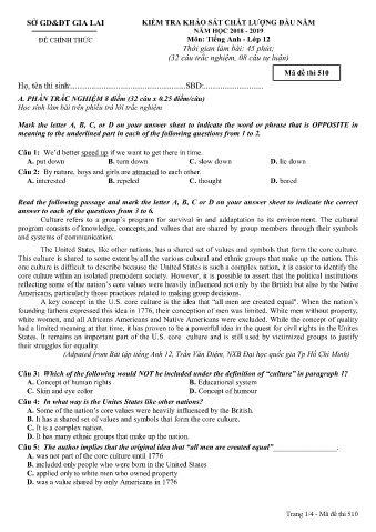 Đề kiểm tra khảo sát chất lượng đầu năm môn Tiếng Anh 12 - Đề 510 - Năm học 2018-2019 - SGD&ĐT Gia Lai