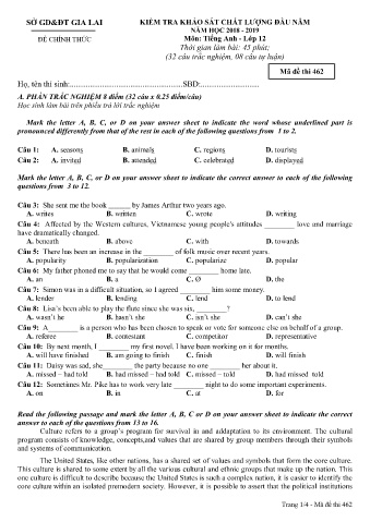 Đề kiểm tra khảo sát chất lượng đầu năm môn Tiếng Anh 12 - Đề 462 - Năm học 2018-2019 - SGD&ĐT Gia Lai