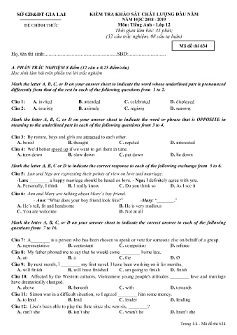 Đề kiểm tra khảo sát chất lượng đầu năm môn Tiếng Anh 12 - Đề 634 - Năm học 2018-2019 - SGD&ĐT Gia Lai