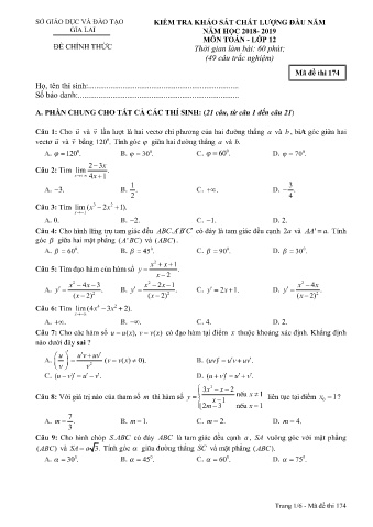 Đề kiểm tra khảo sát chất lượng đầu năm môn Toán 12 - Đề 174 - Năm học 2018-2019 - SGD&ĐT Gia Lai