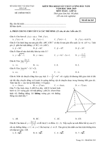 Đề kiểm tra khảo sát chất lượng đầu năm môn Toán 12 - Đề 263 - Năm học 2018-2019 - SGD&ĐT Gia Lai