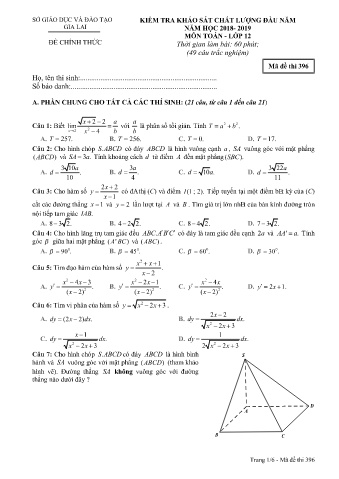 Đề kiểm tra khảo sát chất lượng đầu năm môn Toán 12 - Đề 396 - Năm học 2018-2019 - SGD&ĐT Gia Lai