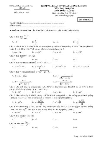 Đề kiểm tra khảo sát chất lượng đầu năm môn Toán 12 - Đề 407 - Năm học 2018-2019 - SGD&ĐT Gia Lai
