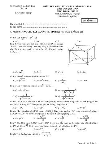 Đề kiểm tra khảo sát chất lượng đầu năm môn Toán 12 - Đề 521 - Năm học 2018-2019 - SGD&ĐT Gia Lai
