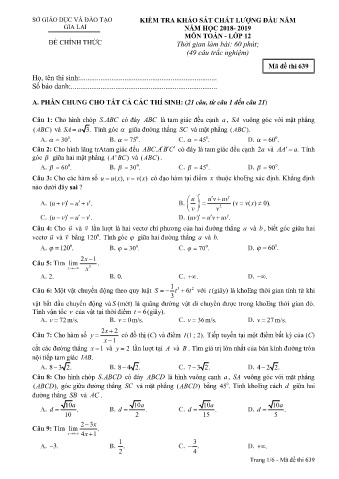 Đề kiểm tra khảo sát chất lượng đầu năm môn Toán 12 - Đề 639 - Năm học 2018-2019 - SGD&ĐT Gia Lai