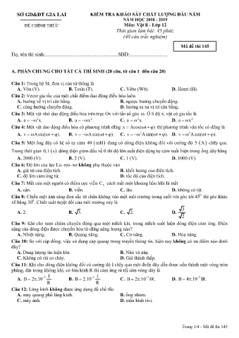 Đề kiểm tra khảo sát chất lượng đầu năm môn Vật lí 12 - Đề 145 - Năm học 2018-2019 - SGD&ĐT Gia Lai