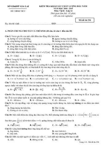 Đề kiểm tra khảo sát chất lượng đầu năm môn Vật lí 12 - Đề 294 - Năm học 2018-2019 - SGD&ĐT Gia Lai