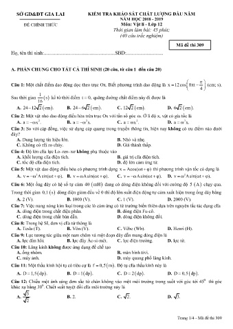 Đề kiểm tra khảo sát chất lượng đầu năm môn Vật lí 12 - Đề 309 - Năm học 2018-2019 - SGD&ĐT Gia Lai