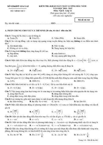 Đề kiểm tra khảo sát chất lượng đầu năm môn Vật lí 12 - Đề 461 - Năm học 2018-2019 - SGD&ĐT Gia Lai
