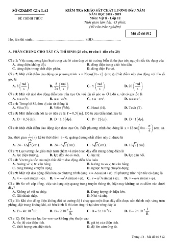 Đề kiểm tra khảo sát chất lượng đầu năm môn Vật lí 12 - Đề 512 - Năm học 2018-2019 - SGD&ĐT Gia Lai