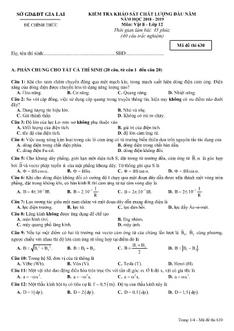 Đề kiểm tra khảo sát chất lượng đầu năm môn Vật lí 12 - Đề 630 - Năm học 2018-2019 - SGD&ĐT Gia Lai