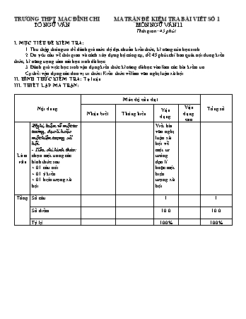 Đề kiểm tra môn Ngữ văn 11 - Bài số 1 - Năm học 2018-2019 - Trường THPT Mạc Đĩnh Chi (Có đáp án + Ma trận)