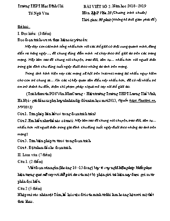 Đề kiểm tra môn Ngữ văn Lớp 10 - Bài số 2 - Năm học 2018-2019 - Trường THPT Mạc Đĩnh Chi (Có đáp án)
