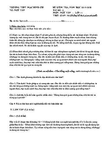 Đề kiểm tra môn Ngữ văn Lớp 11 - Bài số 3 - Năm học 2019-2020 - Trường THPT Mạc Đĩnh Chi (Có đáp án + Ma trận)