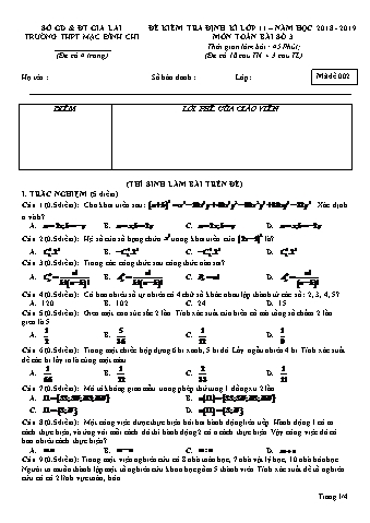 Đề kiểm tra môn Toán 11 - Đề 2 - Năm học 2018-2019 - Trường THPT Mạc Đĩnh Chi (Có đáp án + Ma trận)