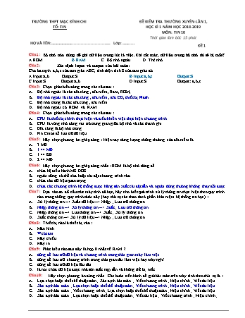 Đề kiểm tra t15 phút môn Tin học 10 - Đề 1 - Năm học 2018-2019 - Trường THPT Mạc Đĩnh Chi (Có đáp án)