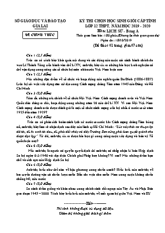 Đề thi chọn học sinh giỏi cấp tỉnh môn Lịch sử 12 - Bảng A - Năm học 2019-2020 - SGD&ĐT Gia Lai (Có đáp án)