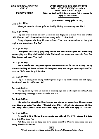 Đề thi chọn học sinh giỏi cấp tỉnh môn Lịch sử 12 - Bảng B - Năm học 2019-2020 - SGD&ĐT Gia Lai (Có đáp án + Ma trận)