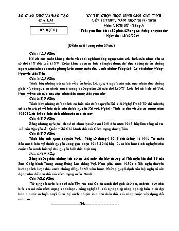 Đề thi chọn học sinh giỏi cấp tỉnh môn Lịch sử 12 (Đề dự bị) - Bảng A - Năm học 2019-2020 - SGD&ĐT Gia Lai