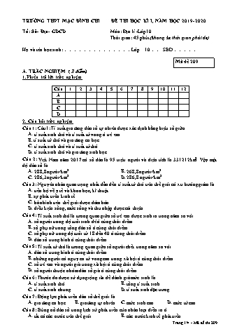 Đề thi học kì 1 môn Địa lí 10 - Đề 209 - Năm học 2019-2020 - Trường THPT Mạc Đĩnh Chi (Có đáp án)