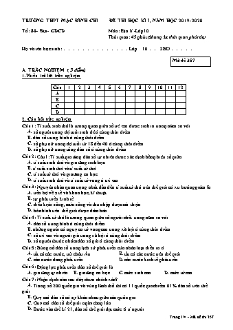Đề thi học kì 1 môn Địa lí 10 - Đề 357 - Năm học 2019-2020 - Trường THPT Mạc Đĩnh Chi (Có đáp án)