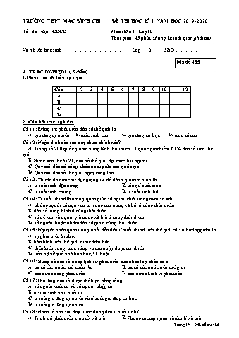 Đề thi học kì 1 môn Địa lí 10 - Đề 485 - Năm học 2019-2020 - Trường THPT Mạc Đĩnh Chi (Có đáp án)