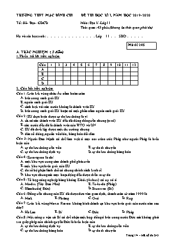 Đề thi học kì 1 môn Địa lí 11 - Đề 245 - Năm học 2019-2020 - Trường THPT Mạc Đĩnh Chi (Có đáp án)