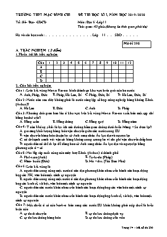 Đề thi học kì 1 môn Địa lí 11 - Đề 295 - Năm học 2019-2020 - Trường THPT Mạc Đĩnh Chi (Có đáp án)