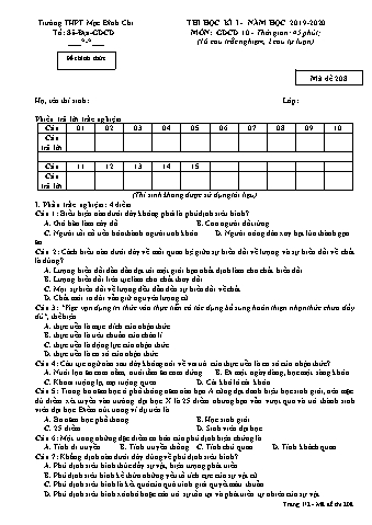 Đề thi học kì 1 môn Giáo dục công dân 10 - Đề 208 - Năm học 2019-2020 - Trường THPT Mạc Đĩnh Chi (Có đáp án + Ma trận)