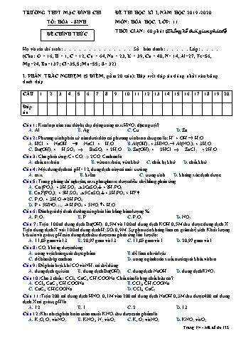 Đề thi học kì 1 môn Hóa học 11 - Đề 132 - Năm học 2019-2020 - Trường THPT Mạc Đĩnh Chi (Có đáp án)